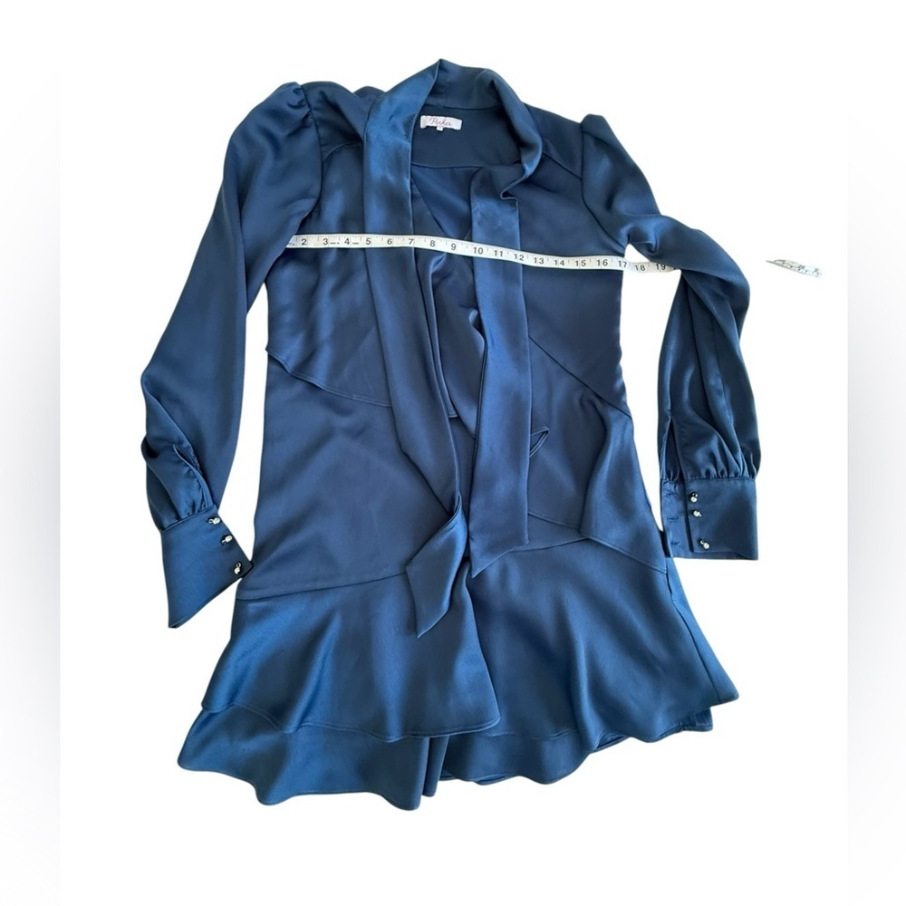 Parker Navy Blue Satin Mini Dress XS Tie Neck Long Sleeve Cascading Ruffle Hem - Picture 8 of 16
